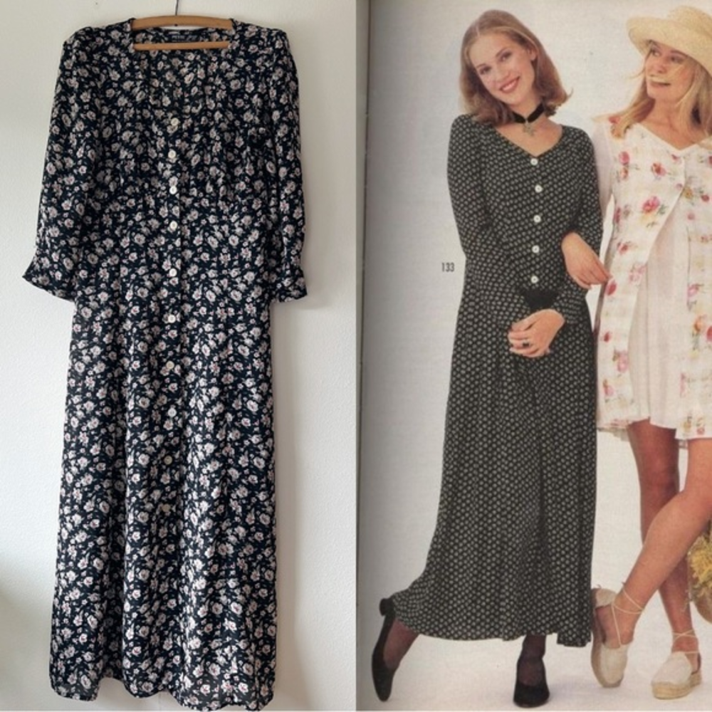 Vintage 90s sheer floral‎ midi dress M